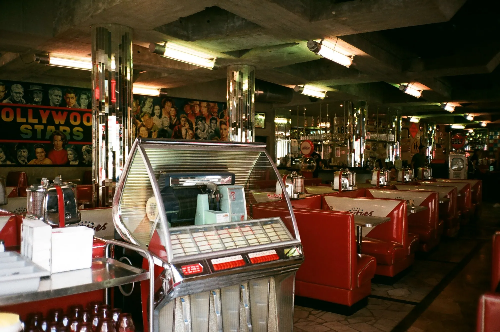 Interior of a classic diner with red booths